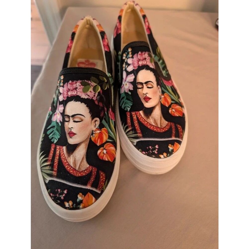 Frida Kahlo Portrait Floral Canvas Slip On Sneakers